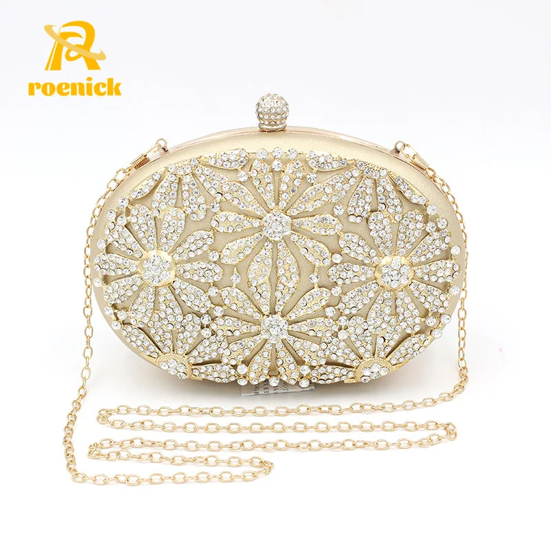 

ROENICK Women Diamonds Flower Alloy Evening Bags Round Mini Dinner Handbags Hollow Out Clutch Female Wedding Bridal Phone Purses