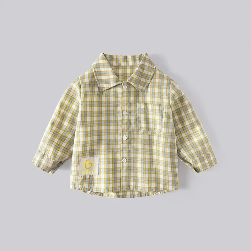 

2025 Spring and Autumn New Boys' Cotton Shirt Casual Color Plaid Long Sleeve Top Lapel Bottom Shirt Men's Treasure Shirt