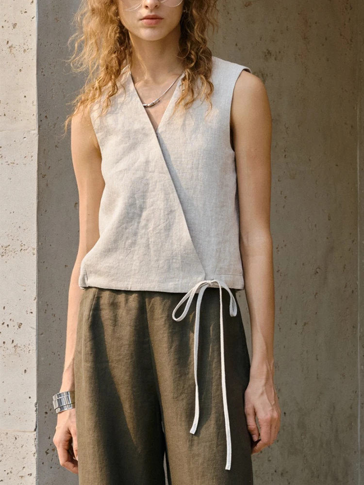 Women 100% Linen Wrap Top Old Money Style Sleeveless V Neck Blouse Summer Casual Tie Waist Minimalist Tank Top Weekend Vacation
