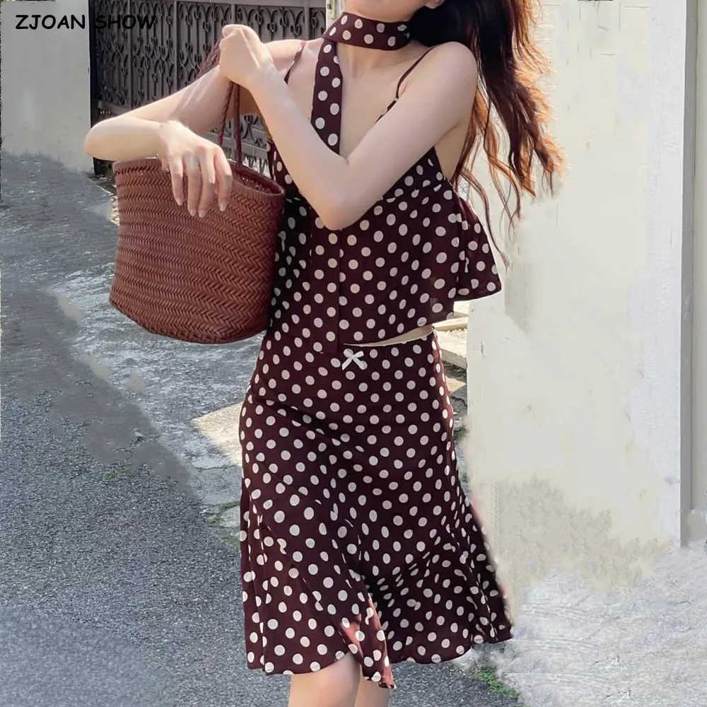 

2 Pieces 1 Set Sexy Coffee Polka Dot Chiffon Camisole Tank Top with Scarf + Zipper Low Waist Knee Length Mermaid Skirt Suits