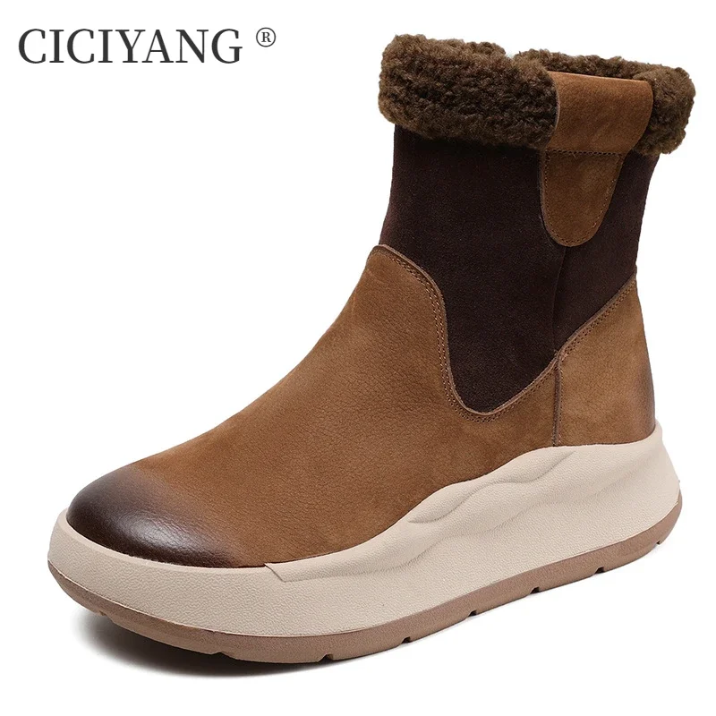 CICIYANG Snow Boots Women First Layer Cowhide Real Wool High-top Boots 2024 Winter New Retro Color Matching Ladies Ankle Boots