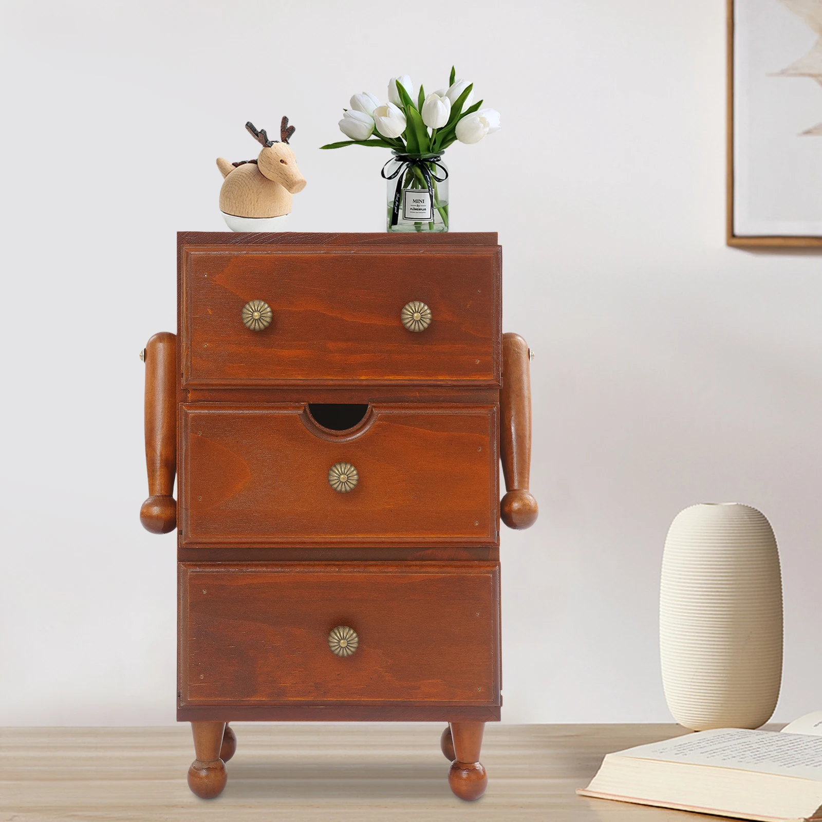 

3-Tier Storage Cabinet,Space-Saving Pine Wood Compact Cabinet with 3 Drawers& Adjustable Shelves,Vintage Design for Small Spaces