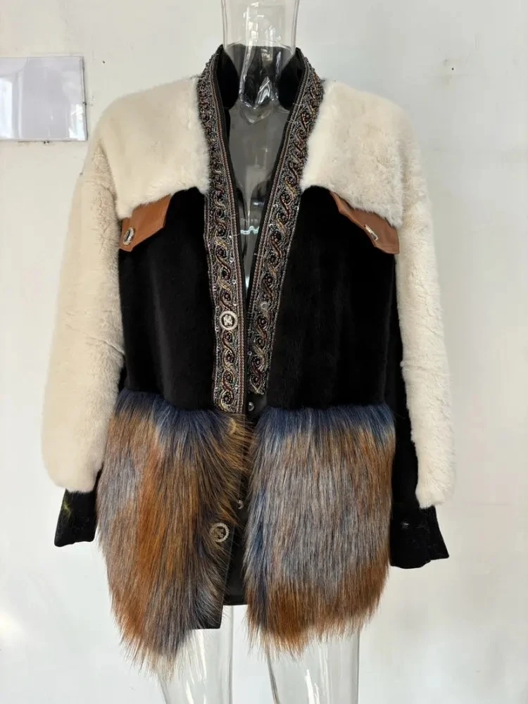 DEAT-Faux Fur emendado casaco de pelúcia para mulheres, jaqueta com decote em v, mangas compridas, moda feminina, novos itens, primavera, 11XX7236, 2024