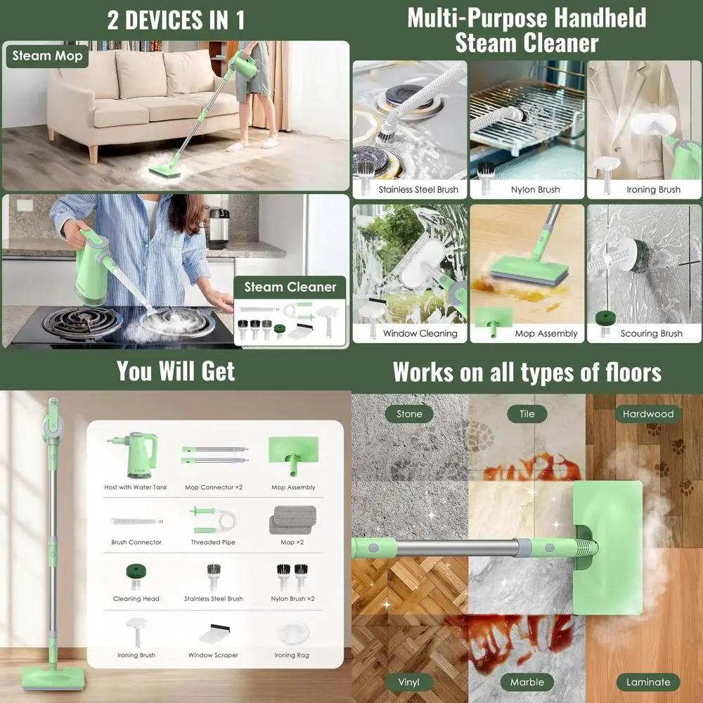 

Паровая швабра и ручной очиститель с 15 секунд, 230 г. ° F для пола, твердых пород, плитки, затирки, окон, кухни, ванны