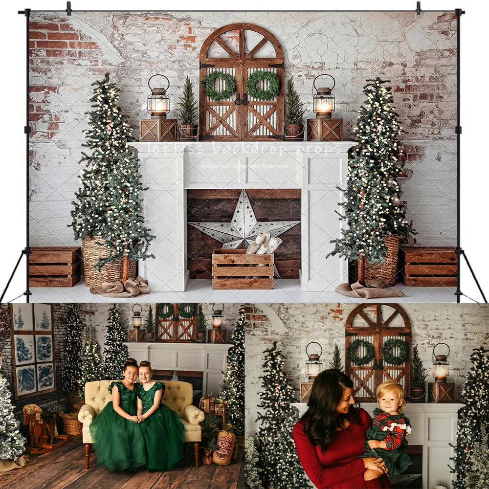 Brick Wall Windows Xmas Trees Backdrops Kids Family Photography Child Adult Photocall Decors Christmas Room Backgrounds