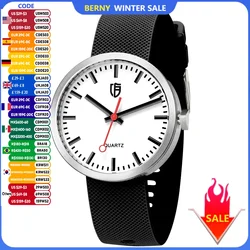 BERNY Uhr für Herren/Damen, 38 mm, leuchtendes Zifferblatt, Sport-Quarz-Armbanduhr, Saphirglas, 5 ATM, wasserdichte Silikon-Eisenbahnuhren