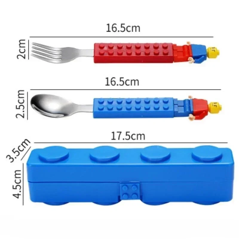 304 Stainless Kids Funny Fork Spoon Set Children Building Block Toys Cartoon Steel Tableware Portable Storage Jigsaw Puzzle Toys