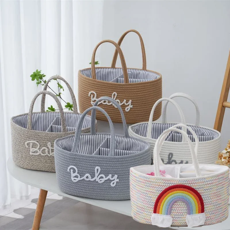 Cesta de pañales para bebé con cuerda de algodón, bolsa de almacenamiento para mamá, biberón de alimentación de bebé, organizador Caddy, cestas de almacenamiento de juguetes para guardería