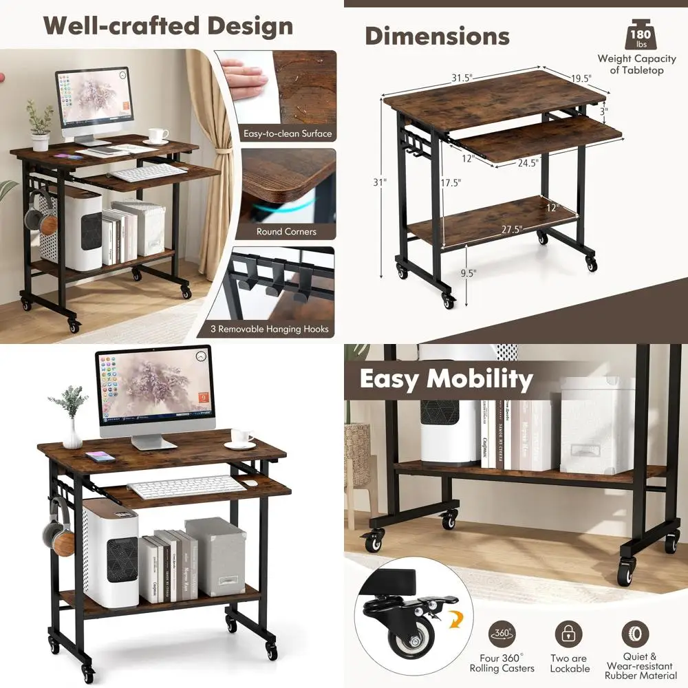 

Portable Laptop Desk Cart with Keyboard Tray, Mobile Office Desk on Wheels for Small Spaces