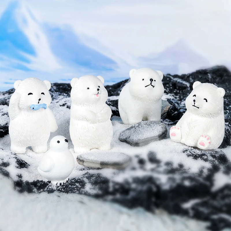 Mini Polar Bear Figurine Cartoon Penguin White Bear Micro Landscape Dollhouse Model Car Interior Ornament Home Desktop Decor