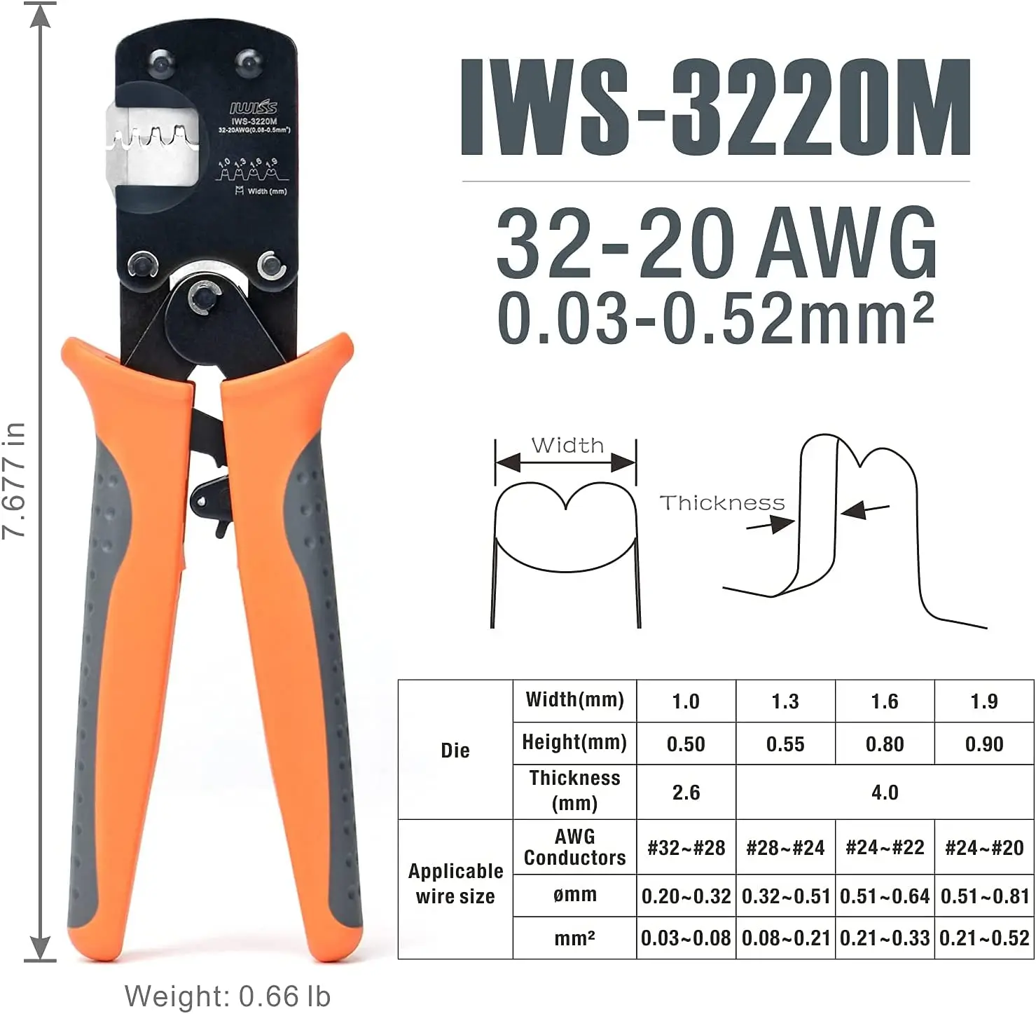 Iwiss IWS-3220 0.03-0.52mm ² 32-20awg micro conector ratecheting friso alicate para ph2.0mm/xh2.54mm/dupont terminais braçadeira ferramenta