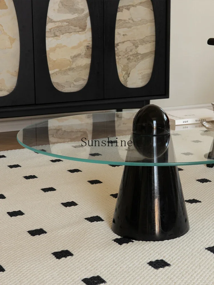 Modern small apartment living room round tea table natural marble tempered glass coffee table