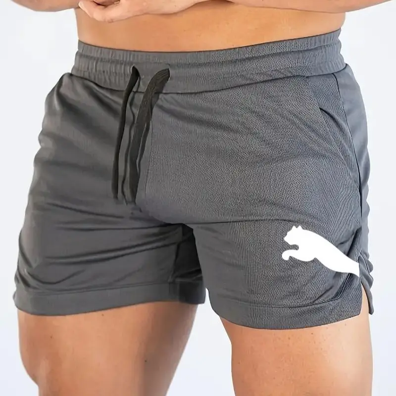 Men's fitness training shorts, leopard print fake two-piece design