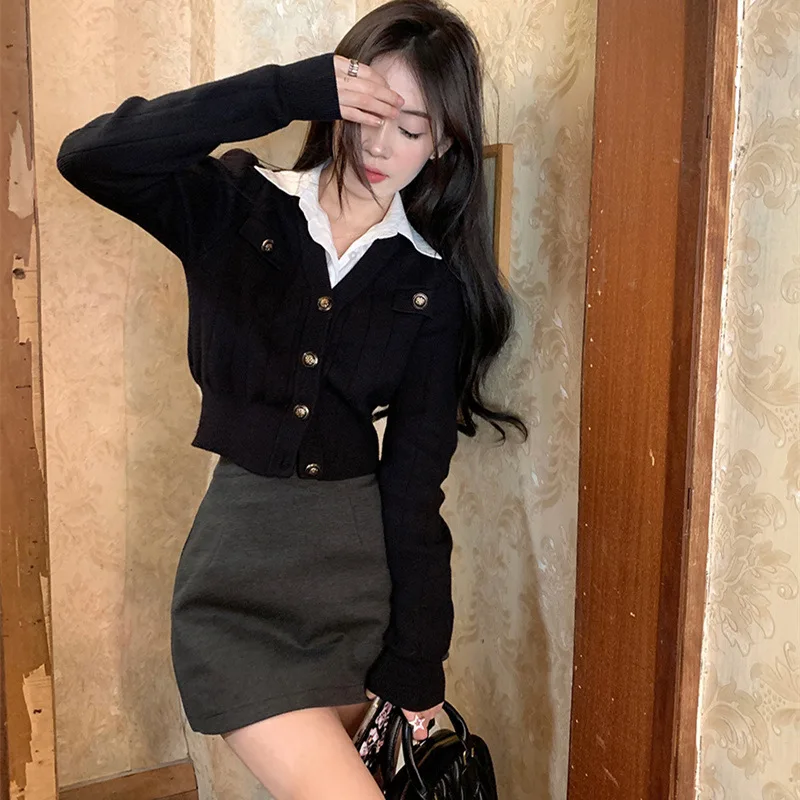 College Style Vacation Two-piece Polo Neck Knitted For Women In Early Autumn Fit And Slim Waist ColleCtion Short Sweater