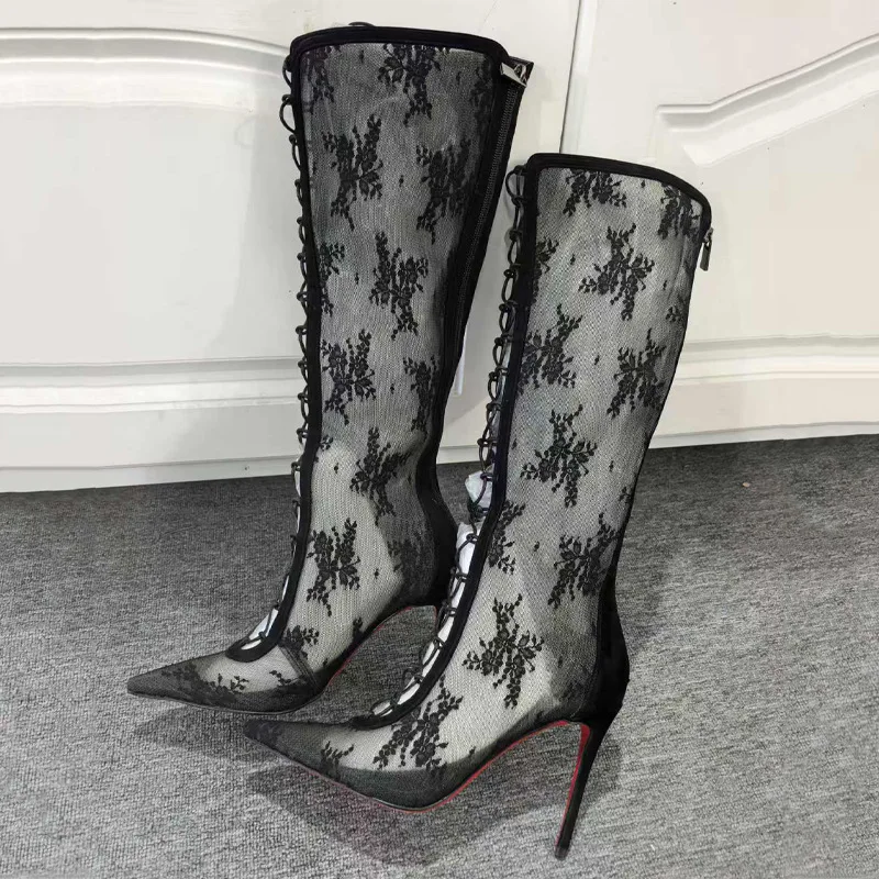 

Sexy Mesh Pointed Toe Openwork Knee-High Boots Black Elegant Style Rhinestone Hot Stamping Shoes Sexy Strappy Lace Pattern Boot