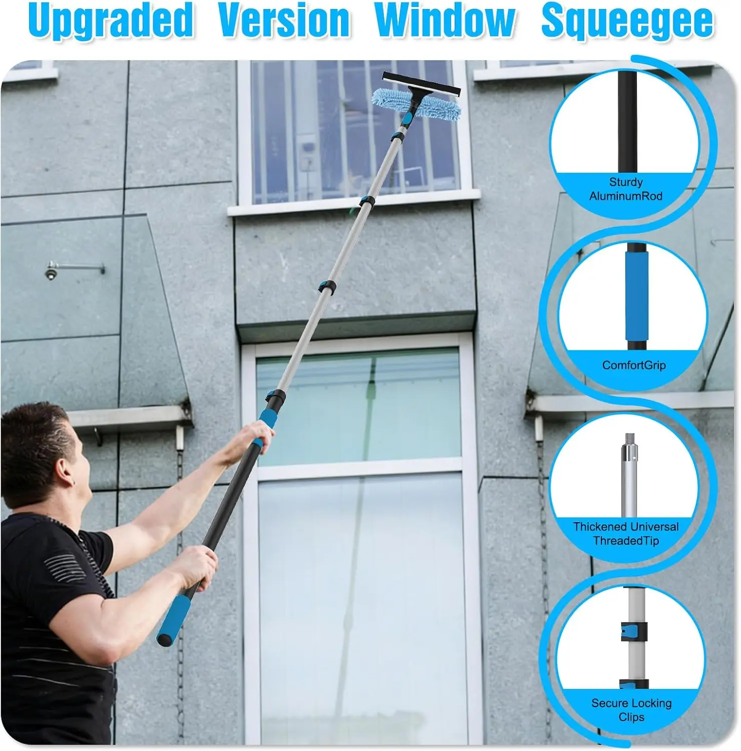 Reach Window Squeegee Kit with Extension Pole, 2-in-1 Professional Washer for High Windows, 5-20FT Adjustable Reach, Rotatable Head for Indoor & Outdoor Use, Streak-Free Cleaning Tool for Home