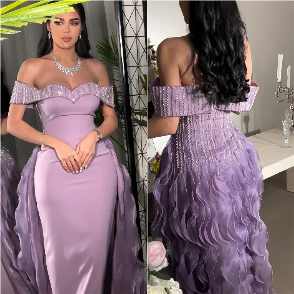 

Customized Formal Gown Evening Saudi Arabia Dearin Off-the-shoulder A-line Floor Length Skirts Open Back Bead Flouncing Bespoke