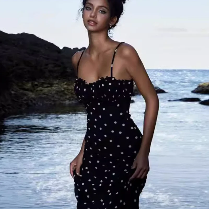 الصيف الاتجاه مائل الرقبة فستان المرأة منقطة طباعة السباغيتي حزام نحيل أنيق كلوبوير ماكسي Bodycon Vestidos