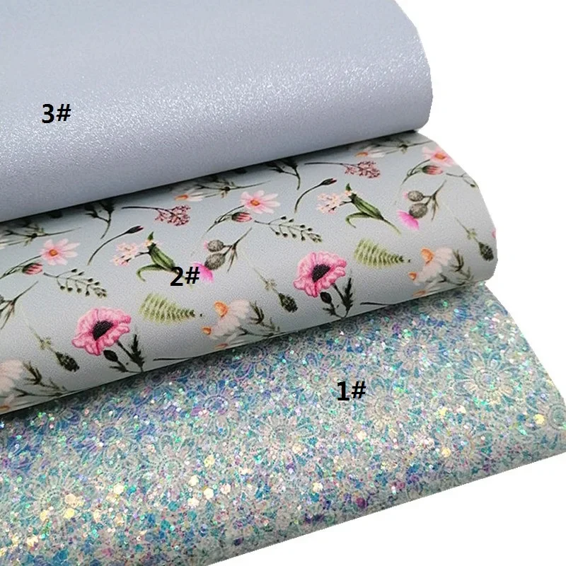 Blue Flowers Printed Glitter Leather Sheets Glitter Suede Faux Letaher Fabric Tartans Flowers Printed Leather For Bows DIY W447