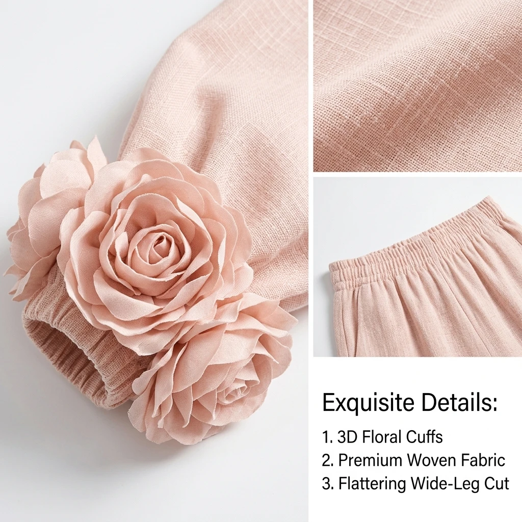 2 Piece Pants Set for Women Long Sleeve Top with 3D Flower Cuffs and Wide Leg Trousers Elegant Commuter Outfit image 3