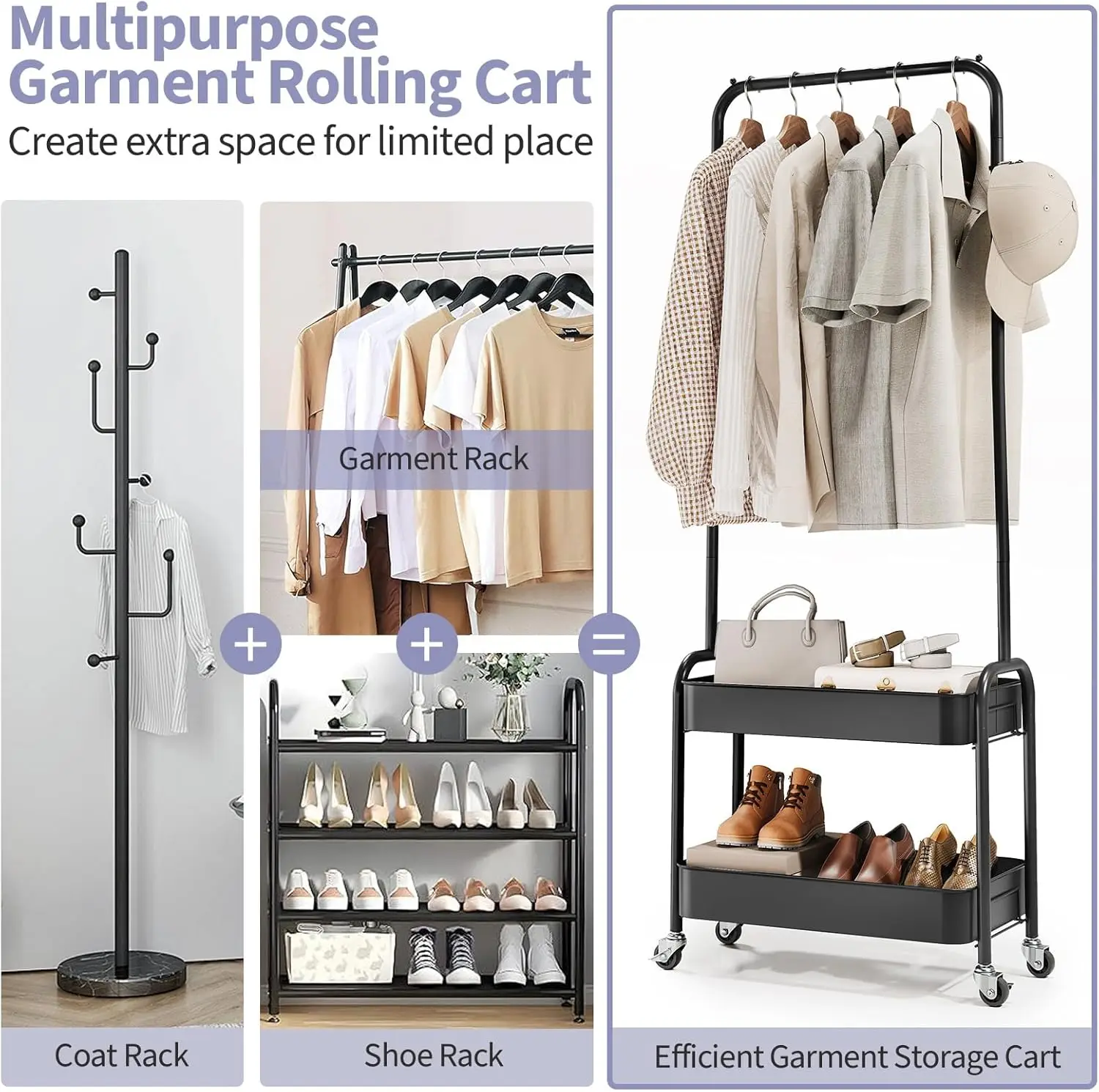 Portable Rolling Garment Rack with Wheels and Baskets, Black Metal Storage for Hanging Clothes