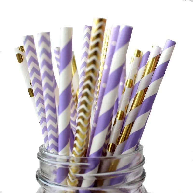 25 Pcs Mixed Colors Disposable Paper Straws Party DIY For Baby Shower Baptism Birthday Wedding Purple Pink Gold Decor Dot Straw