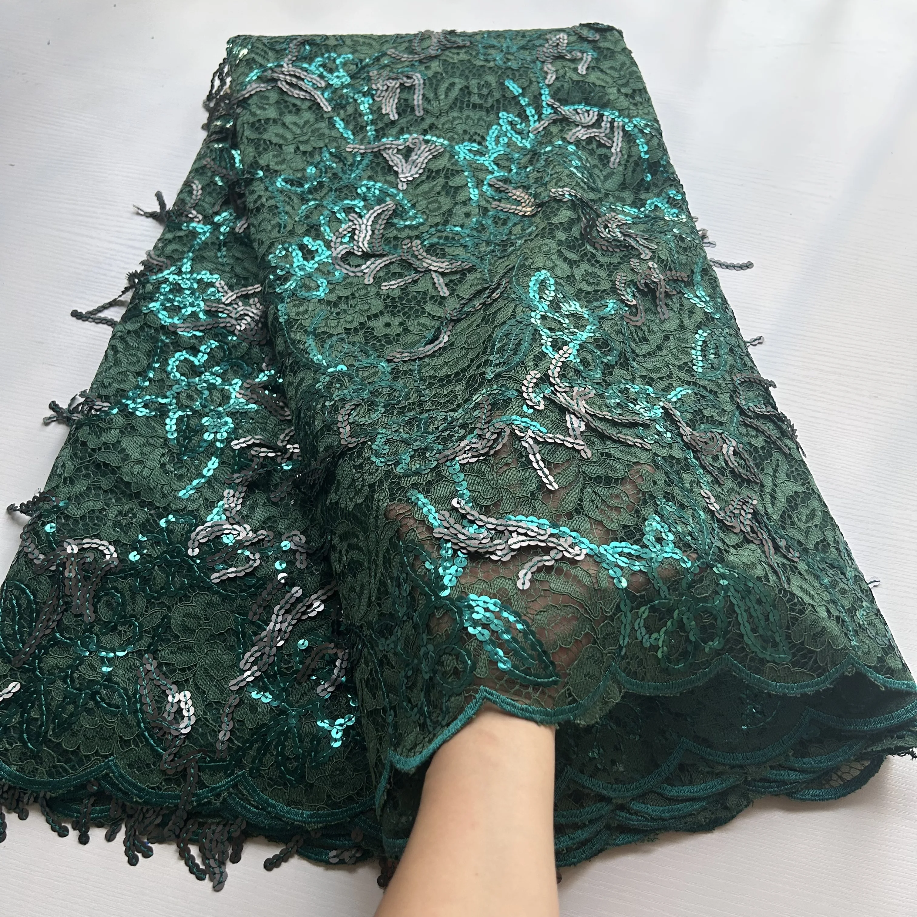 Green Mesh Tulle Lace with Tassels High Quality 2026 Embroidery Guipure French Lace Fabric Net Material for Party Dresses