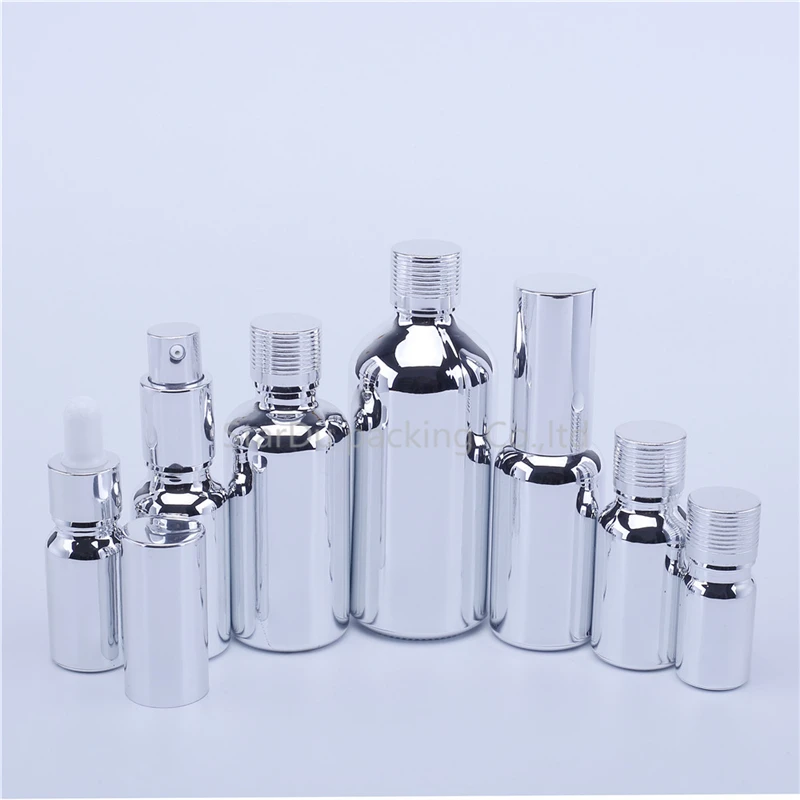 

100pcs Luxury Shiny Silver Color Glass Bottle With Different Caps Refillable Essential Oil Dropper Spray Glass Bottles