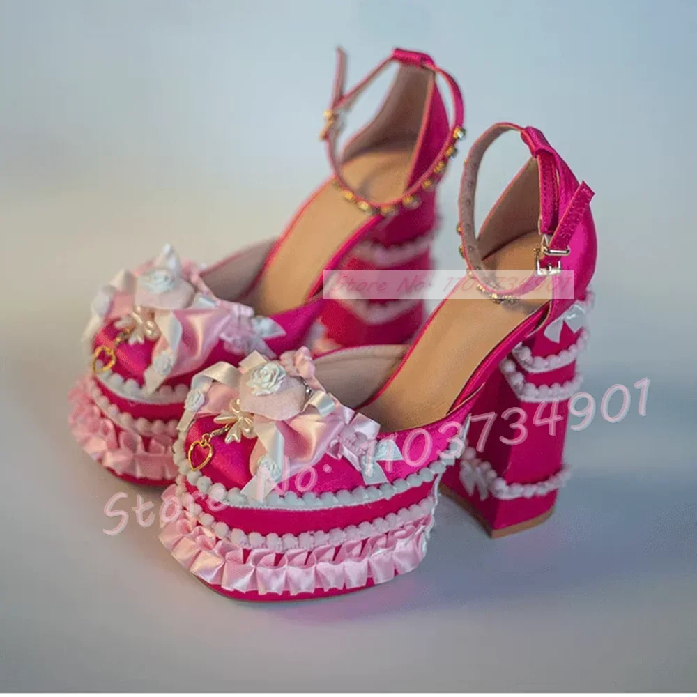 

Mixed Color Cream Cake Platform Silk Sandals Women Pink Sweet Block High Heel Square Toe Lolita Sandals Patchwork Fashion Shoes