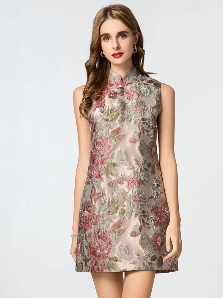 DSFACAIRIJ Mini abito vintage da donna con perline di cristallo, colletto alla coreana, senza maniche, jacquard, abito estivo alla moda