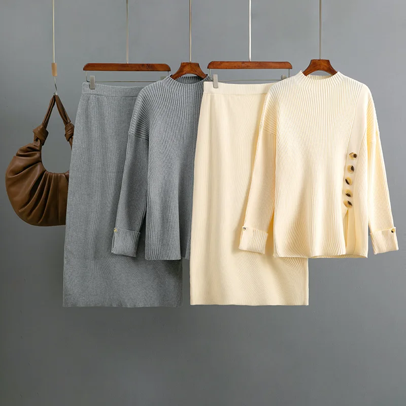 

Модный женский свитер и юбка с разрезом по бокам 2025, осень-зима, комплект из двух предметов