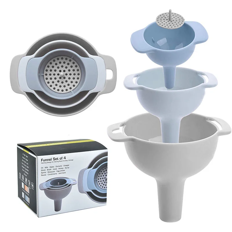 4 in 1 Kitchen Funnels for Filling Bottles Kitchen Funnels with Detachable Strainer Filter BPA-Free Food Grade Oil Funnel