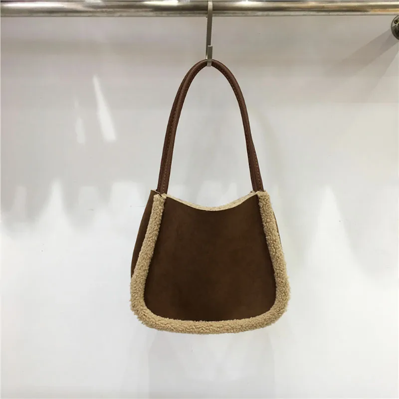 Fashion New Contrast Color Shoulder Bag Lamb Wool Splice Plush Bag Large Capacity Portable Handbag High-Grade Texture Tote Pack