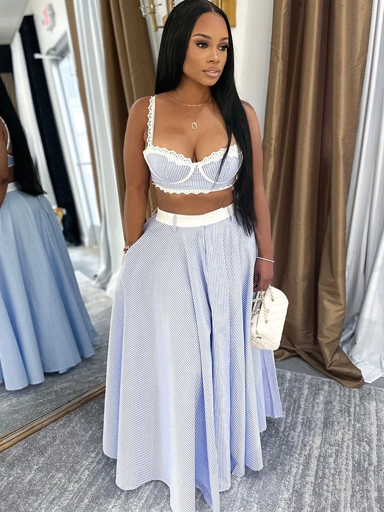 Doyerl Striped 2 Pieces Set for Woman Outfit Birthday Party Lace Patchwork Strap Crop Top and High Waist A-line Long Skirt Sets view 2