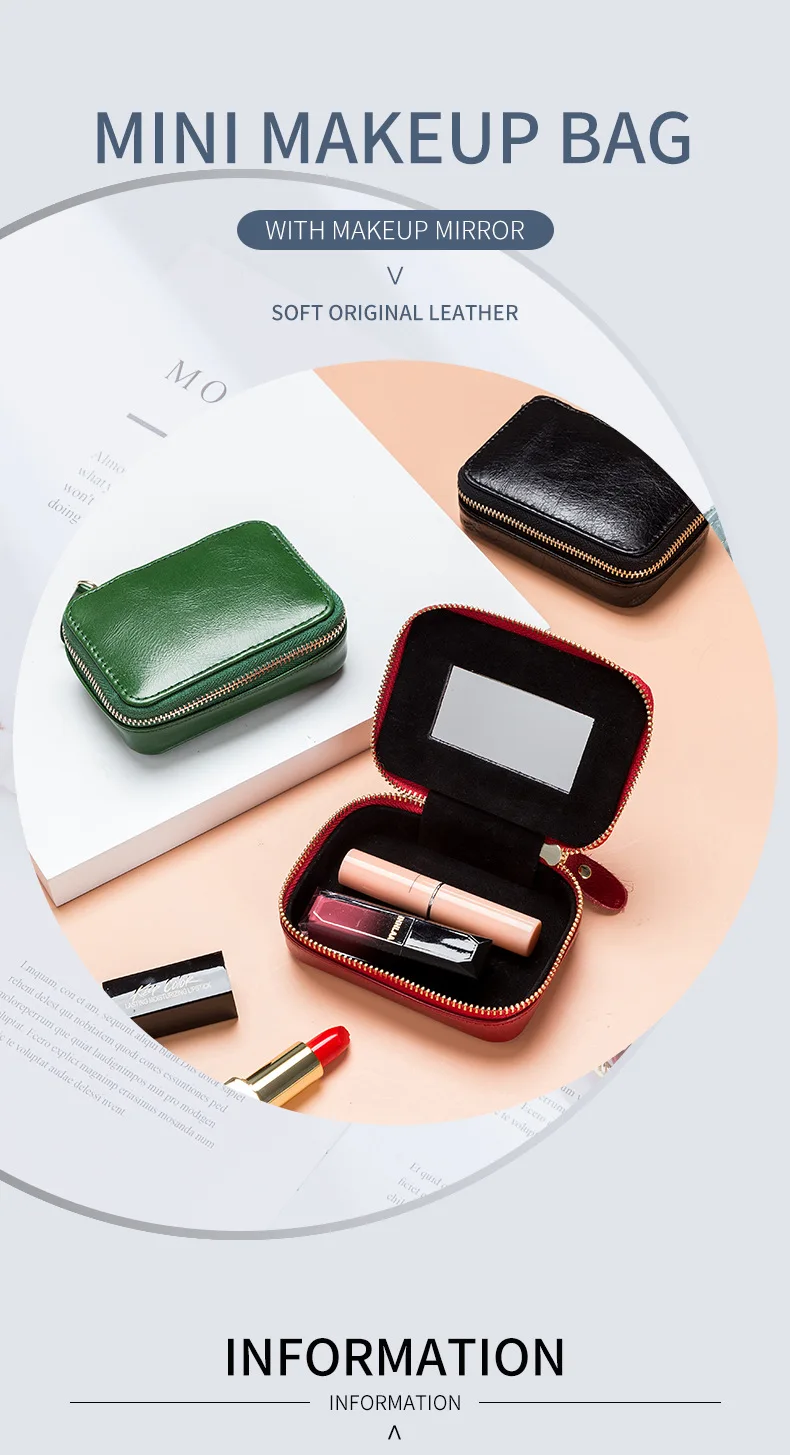 Lady Genuine Leather Lipstick Square Small Bag with Mirror Cowhide Cute Makeup Bag for Women's Jewelry Box Mini Coin Storage Bag