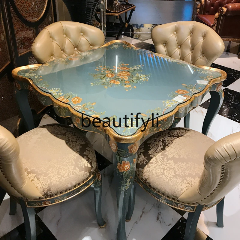 

European French luxury and beautiful gold foil old light blue hand-painted chess and card tables and chairs, square dining table