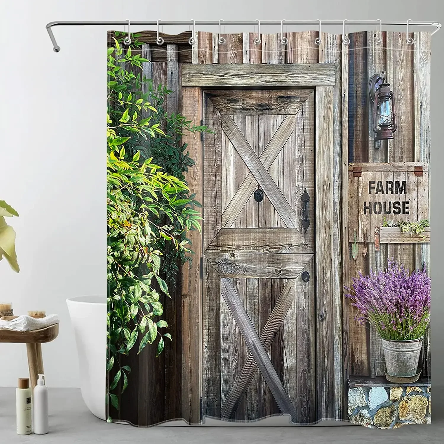 Farmhouse Barn Doors Shower Curtains Vintage Country Wood Board Plant Flowers Rustic Bathroom Decor Bath Curtain Set with Hooks