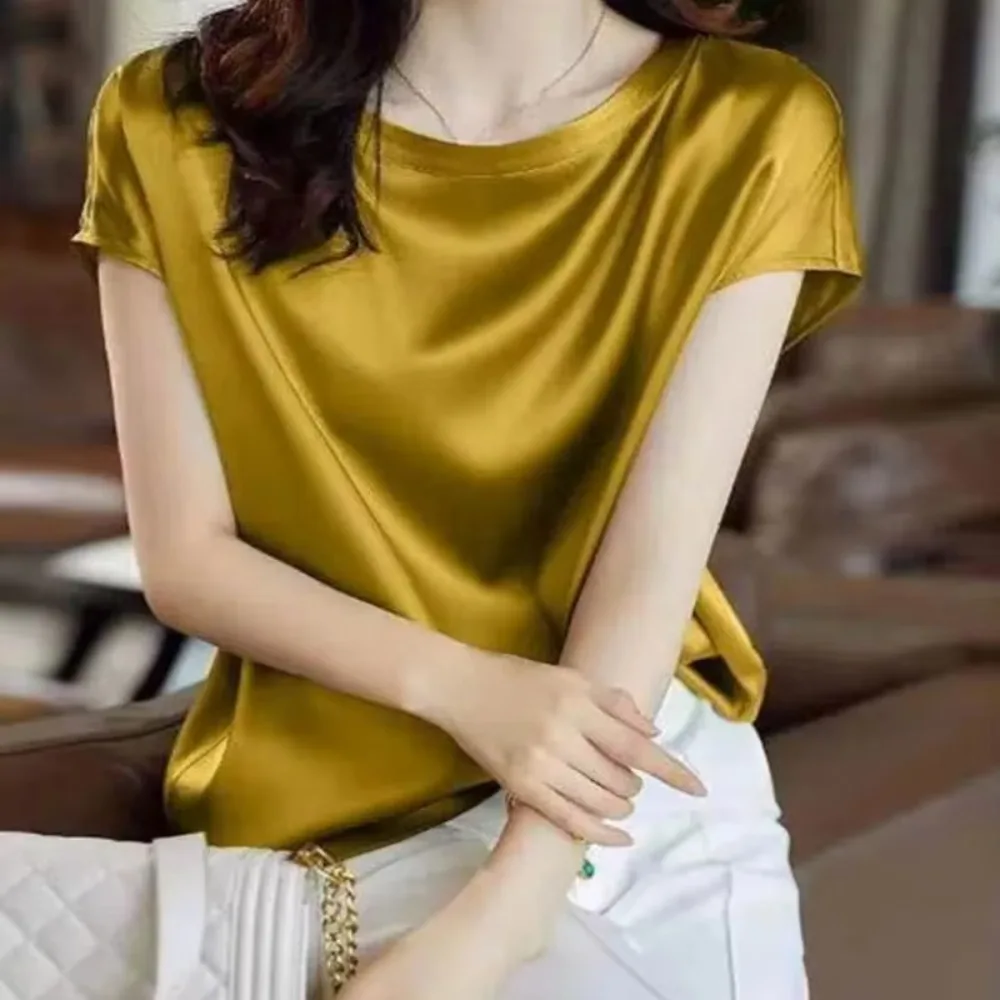 Faux Silk Thin Short Sleeve Top Korean Slip Woman T-shirt Summer Clothes Elegant Black Brown Tee Shirt Solid Loose Casual 4XL