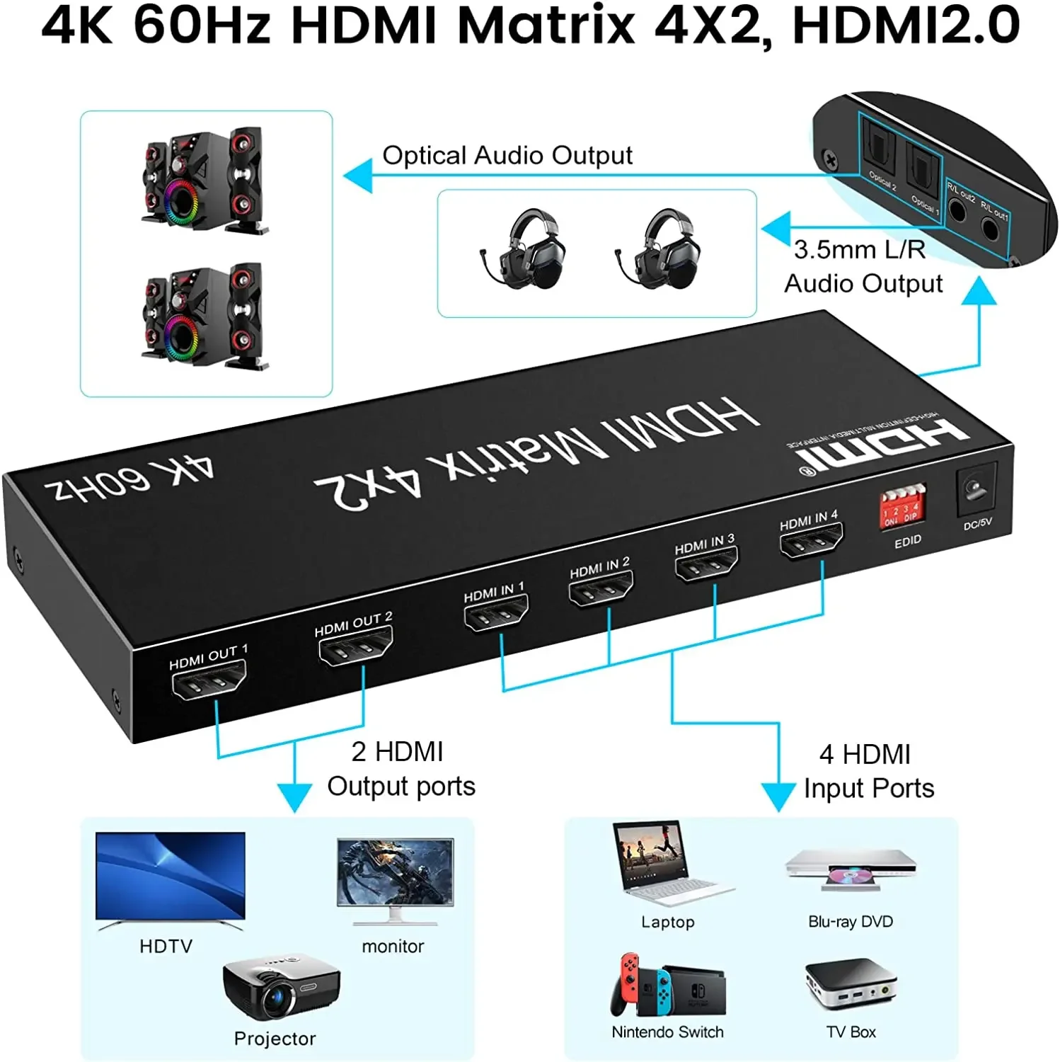4K@60Hz 4x2 HDTV Matrix Switch 4 in 2 out HD Matrix Video Switcher Splitter with Optical 3.5mm Jack Audio out 3D HDCP2.2 EDID