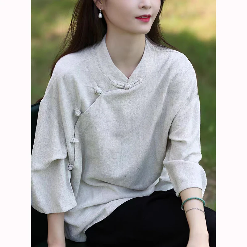 

Spring Summer New Chinese Style Women 3/4 Sleeve Stand Collar Loose Blouse Vintage Button Cotton Linen Shirt Female Tops TJ55