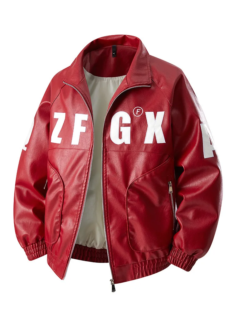 رجل سترة جلدية الخريف جديد رسالة مطبوعة الوقوف طوق طويلة الأكمام الرجال ملابس خارجية دراجة نارية فاسق فضفاض الذكور Bomber معطف