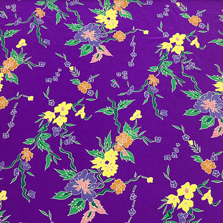 Western style 100% pure silk crepe de chine fabric floral print on purple bottom for dress and skirt not transparent,SCDC1412