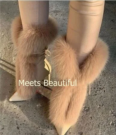 Beige Fox Fur Pointed Toe Stiletto Heels Lace Up Mid-calf Boots Women Luxury Slip On High Heel Ankle Boots Shoes Drop Shipping