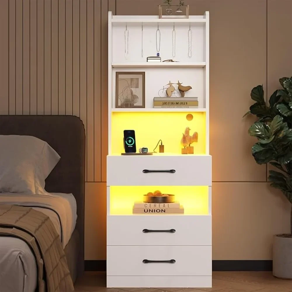 

Tall Nightstand Set of with Charging Station and LED Lights, Black Night Stand Set 2 with Bookshelf,