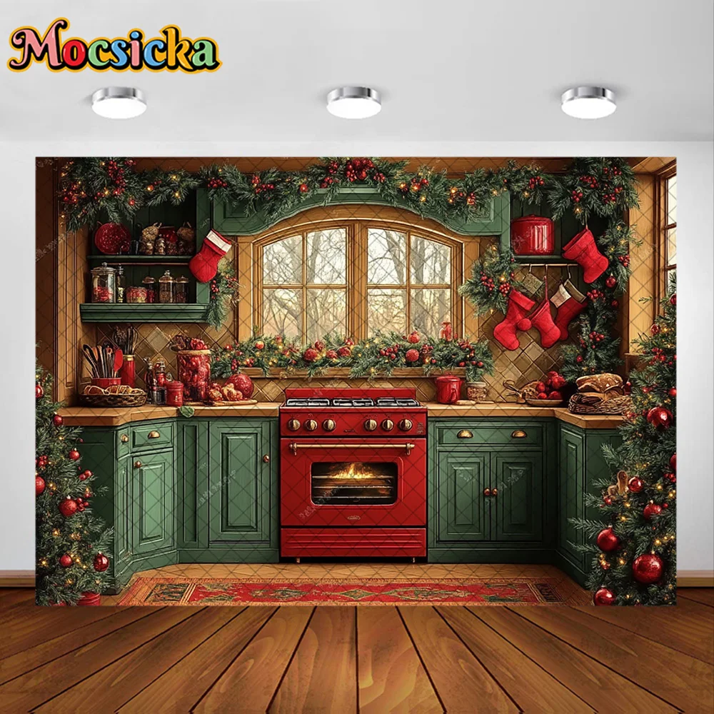 Mocsicka Photography Backdrop Christmas Kitchen Wreath Dinner Decoration Family Xmas Holiday Portrait Backgrounds For Photograph