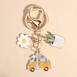 Cute Enamel Keychains Cartoon Bus Flower Potted Key Rings Friendship Gifts For Men Women Girl Handbag Accessorie