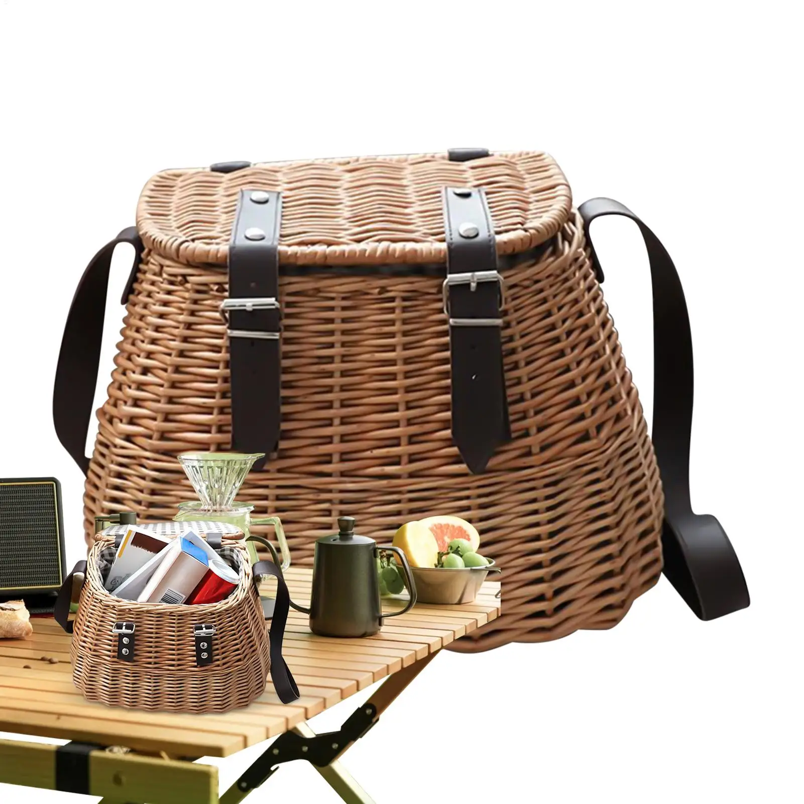 

Винтажная корзина для пикника, плетеная корзина ручной работы с регулируемым плечевым ремнем, многофункциональный органайзер-корзина для благодарения на открытом воздухе