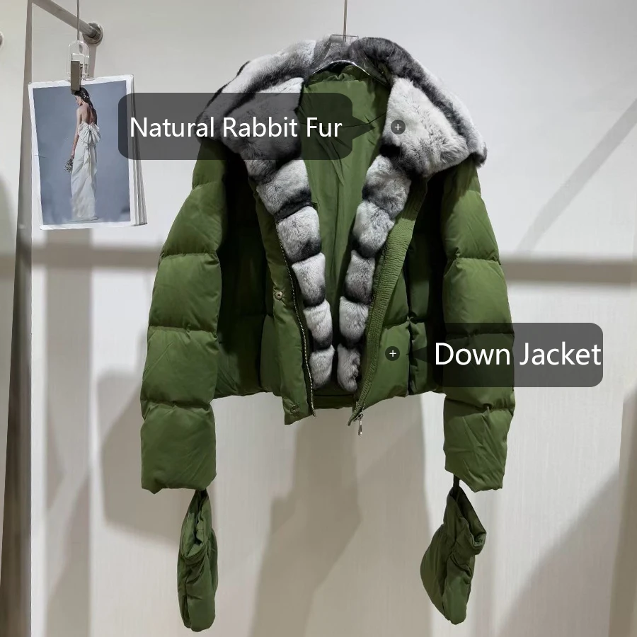 Women's Short Down Jacket With Hood Real Rabbit Fur Jacket White Natural Fur Puffer Jacket Luxury Genuine Fur Outerwear