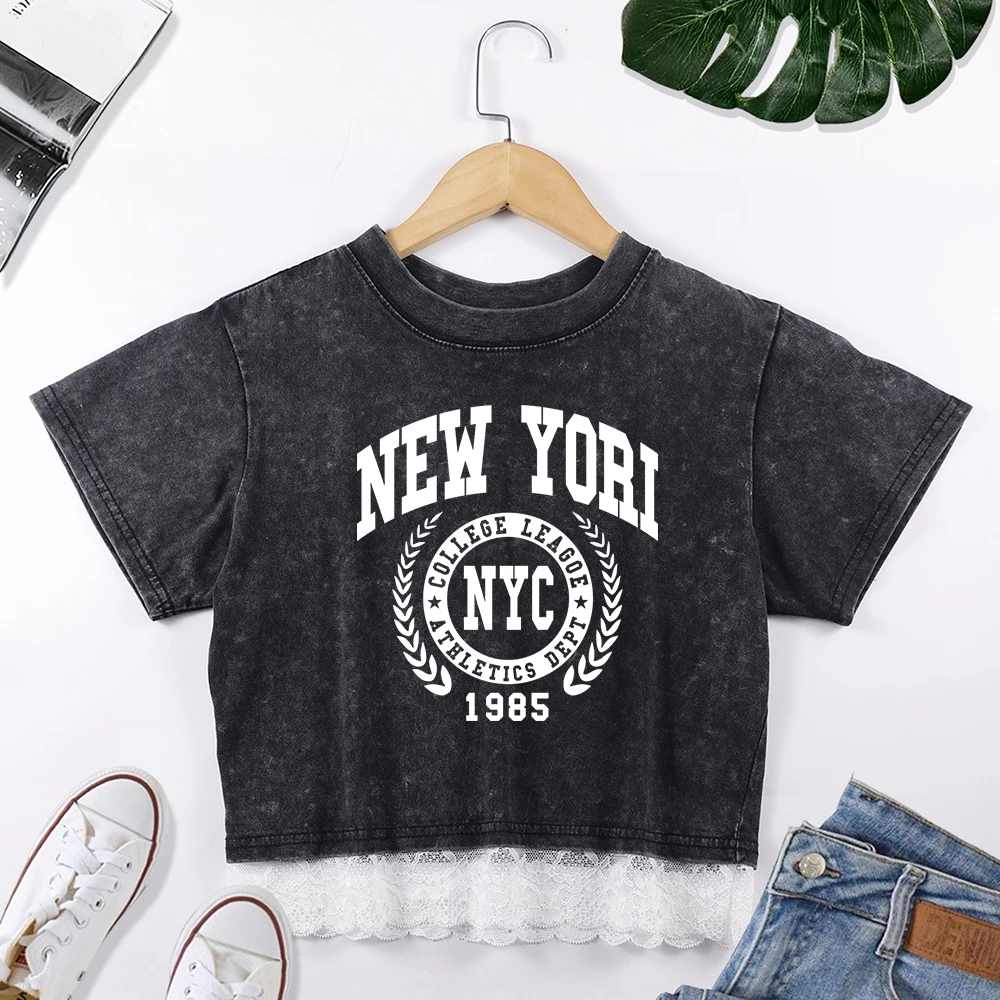

New York City 1985 Printed Women Lace Washed T-Shirt Hip Hop Crop Tee Shirt Sport Soft Clothing Cotton Slim Female T Shirts