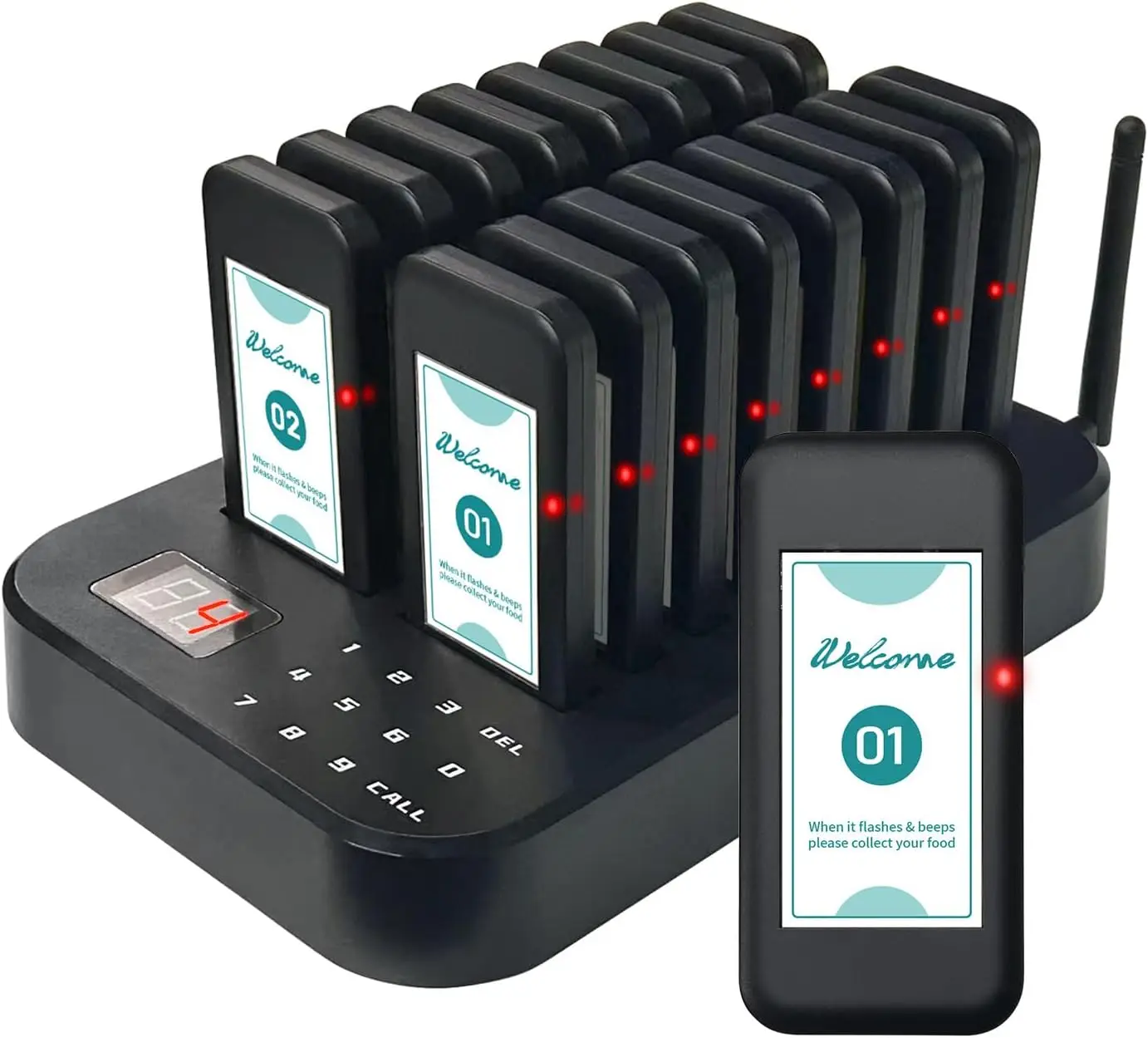 Waterproof Wireless 16-Pager Paging System 200m Range for Restaurants Food Trucks Nursing Home Vibration Flashing Buzzer Call